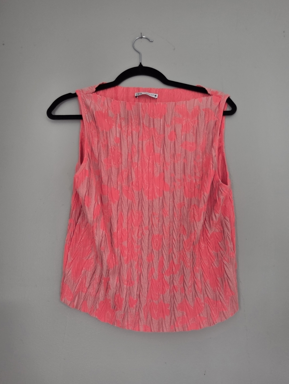 Zara Neon Coral Pleated Sleeveless Top